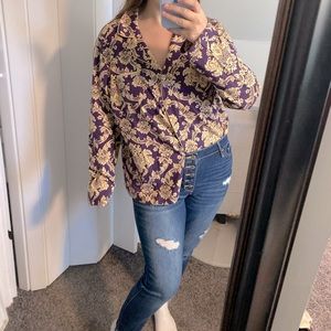 NEW Soma wine and gold tapestry printed long sleeve collared button up top XL